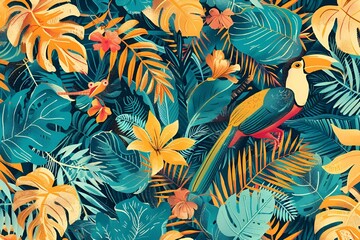 tropical pattern with a parrot surrounded by leaves and flowers illustration