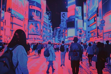 several people in the street are walking at night time with bright neon signs