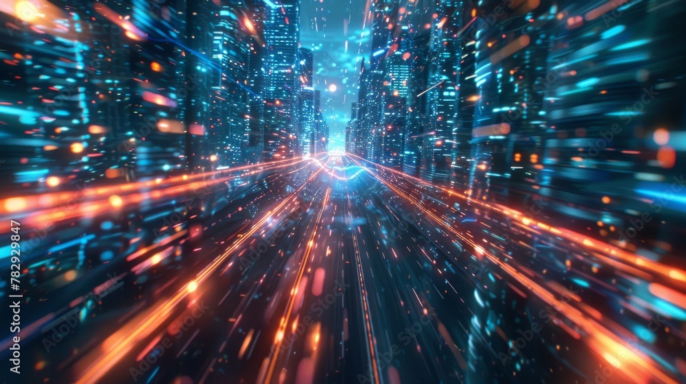 Aufkleber 3D rendering of warp speed in hyper loop with blurred light from buildings' lights in a megacity at night. Concept of next generation technology, fintech, big data, 5G fast networks, machine