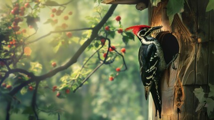 woodpecker making a hole in the tree.  - obrazy, fototapety, plakaty