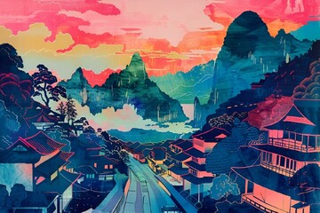 a drawing of a mountain city at sunset, with buildings and mountains in the background