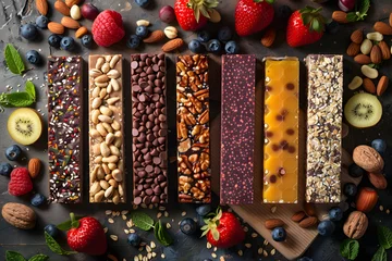 Zelfklevend Fotobehang Assorted granola bars with berries, nuts a natural, whole food snack © Nadtochiy