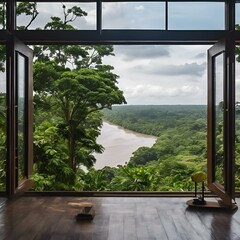 AI generated illustration of aA spacious room with a large window overlooking a river