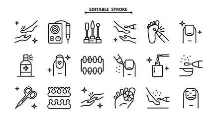 Hardware pedicure outline icons set. Foot care icon, hand with leg, pedicure, chiropody, massage - linear web symbols set on white background. Nail polish. Beauty procedures. Tools for nails treatment