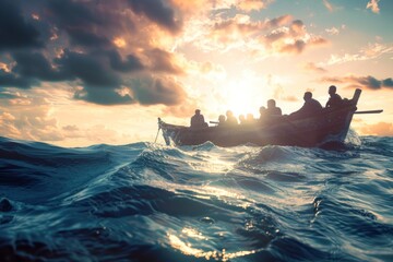 refugees in flimsy boat crossing open sea to get to another country - obrazy, fototapety, plakaty