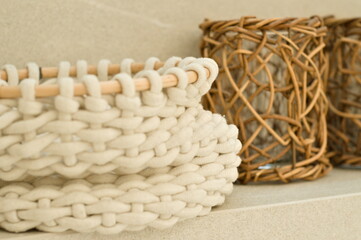 close-up white basket made of Knitted yarn