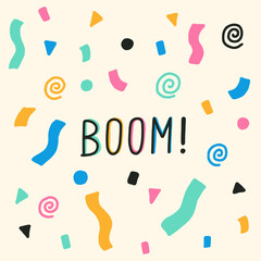 Confetti vector banner background with colorful serpentine ribbons, place for yours text at the center. Anniversary, celebration, greeting illustration in flat simple cartoon style with fun explosion.