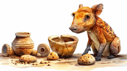 A cute cartoon illustration of a small dinosaur sniffing around some ancient pottery. - obrazy, fototapety, plakaty