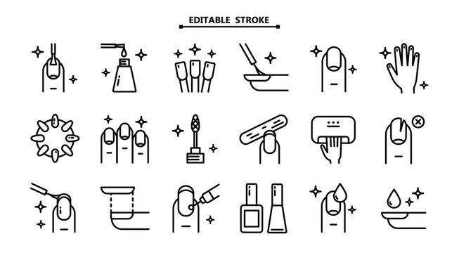 Manicure, icon set. Editable stroke. Tools for cosmetic beauty treatment for the fingernails and hands, linear icons. Nail care.