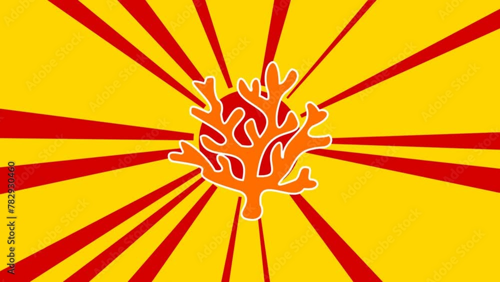 Poster coral symbol on the background of animation from moving rays of the sun. large orange symbol increas