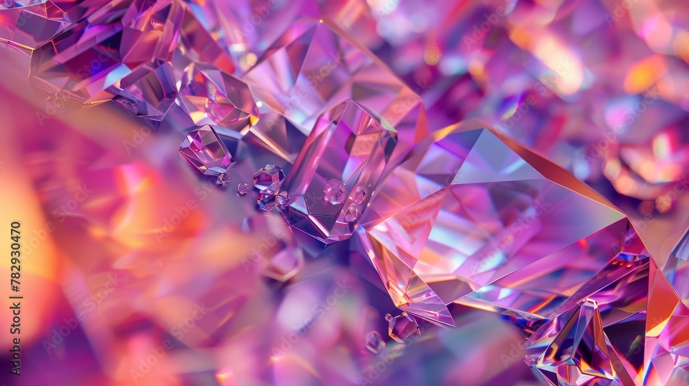 Poster abstract geometric crystal background, iridescent texture, faceted gem, liquid. 3d rendering.