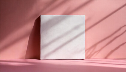 Mock-up of white square canvas on light pink background. Blank poster.