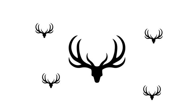 Zoom in and out animation the deer horns symbol. Large black symbol in the center and four small symbols around. Seamless looped 4k animation on white background