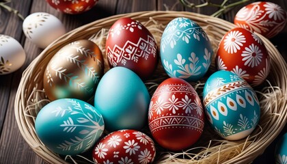An assortment of intricately painted Easter eggs in various patterns and colors nestled in a natural basket against a wooden background.. AI Generation. AI Generation - obrazy, fototapety, plakaty