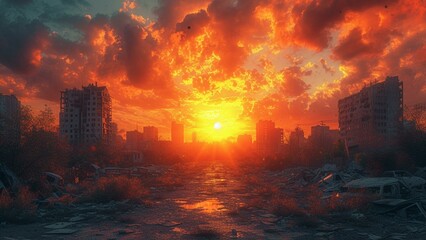 AI generated illustration of the sun setting over urban ruins with scattered debris and buildings - obrazy, fototapety, plakaty