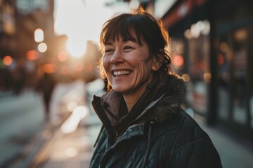 Portrait of smiling senior woman in the city at sunset. Portrait of mature woman in the city.
