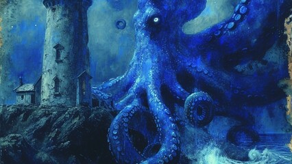AI generated illustration of an octopus and lighthouse in a scenic painting - obrazy, fototapety, plakaty