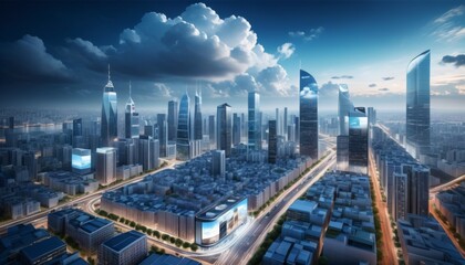 A breathtaking skyline view of a futuristic city with a modern tram gliding through, depicting urban development and advanced infrastructure. AI Generation - obrazy, fototapety, plakaty