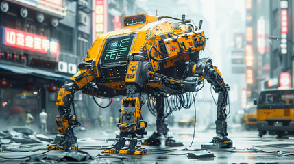 A large, yellow, quadrupedal robot walking through a rainy, neon-lit cityscape, reminiscent of a futuristic urban environment. - obrazy, fototapety, plakaty