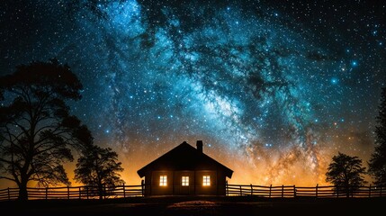 AI generated illustration of a wooden cabin under the starry night sky - obrazy, fototapety, plakaty