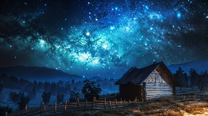 AI generated illustration of a wooden cabin under the starry night sky