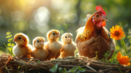 A mother hen and her four chicks in a nest made of straw outdoors in the sunshine - obrazy, fototapety, plakaty