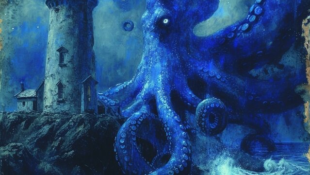 AI generated illustration of an octopus and lighthouse in a scenic painting