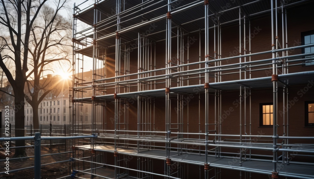 Poster a serene sunset behind a detailed scaffold structure adjacent to a building under renovation, with a