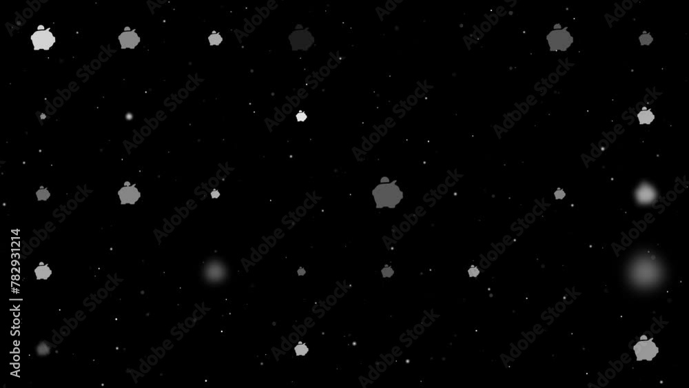 Poster template animation of evenly spaced piggy bank symbols of different sizes and opacity. animation of 