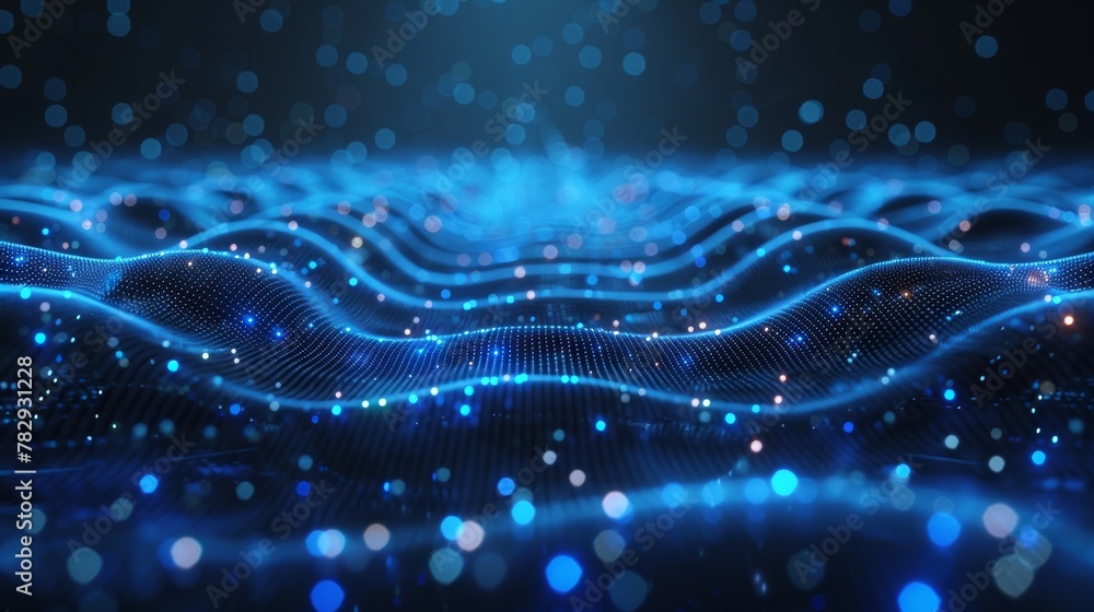 Poster on a dark background, moving neon blue dots form a digital network connection