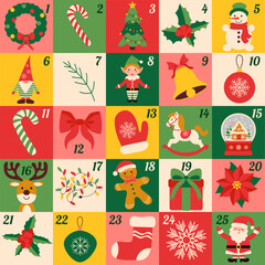 Christmas Advent calendar with icons elements. Geometric pattern. Vector flat design for poster, card, wallpaper, poster, banner, packaging. Santa Claus, red Christmas ball, ribbon bow
