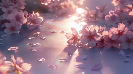 Serene Cherry Blossoms at Sunset with Radiant Light Flares