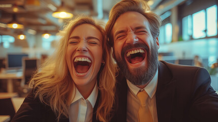Laughing businesspeople in an office environment.