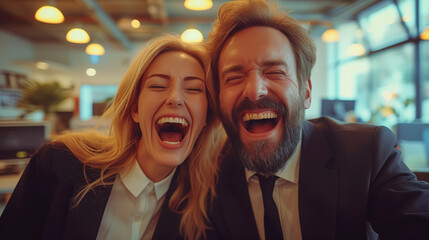 Laughing businesspeople in an office environment.