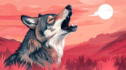 A vector illustration of a wolf howling at the moon in the desert night. - obrazy, fototapety, plakaty