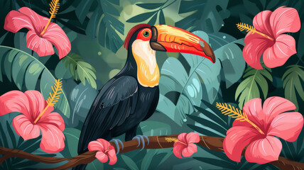 A toucan sits on a branch in a tropical rainforest. The toucan has a large, colorful beak and is surrounded by lush vegetation.