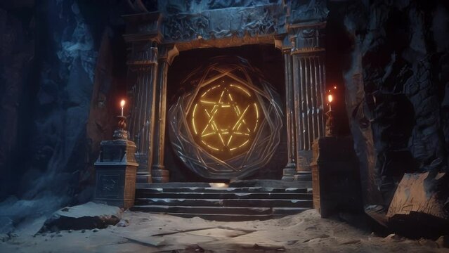 In the heart of a forbidden temple a secret chamber is illuminated by a single glowing sigil revealing the gateway to a parallel dimension . .