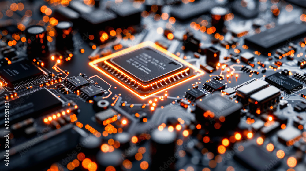 Poster close-up of a computer motherboard with a central processing unit, integrated circuits, and glowing 