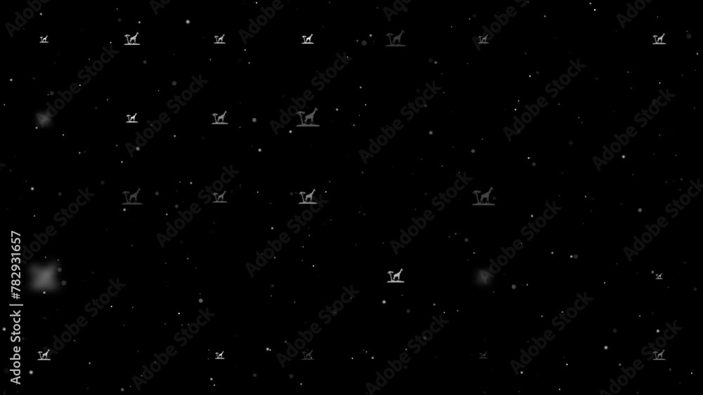 Poster template animation of evenly spaced giraffe symbols of different sizes and opacity. animation of tra