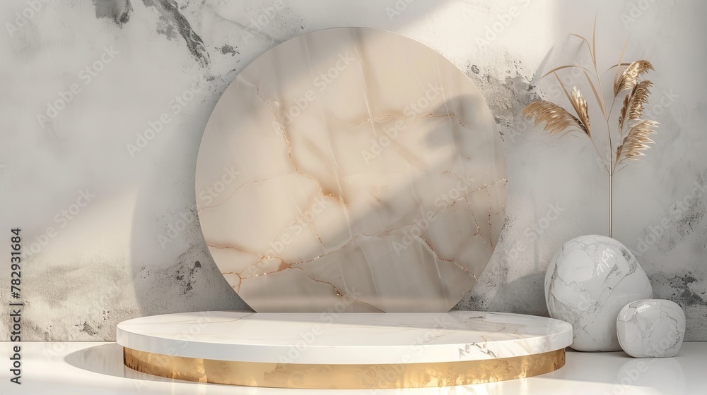 Poster an elegant podium backdrop for product displays. the background is made up of minimalist gold, marbl