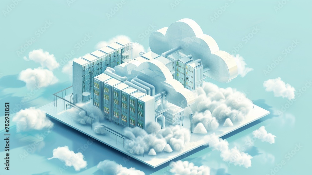 Aufkleber presented isometrically is a cloud storage or data center concept