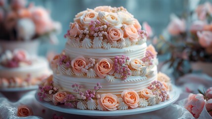Obraz na płótnie Canvas AI generated illustration of a three-tier cake adorned with delicate flowers on each layer