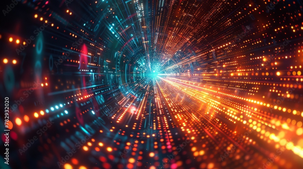 Poster Concept of leading in business, hi-tech products, goals and achievements, advanced technology evolution. Abstract fast moving binary computer data rendered in 3D.