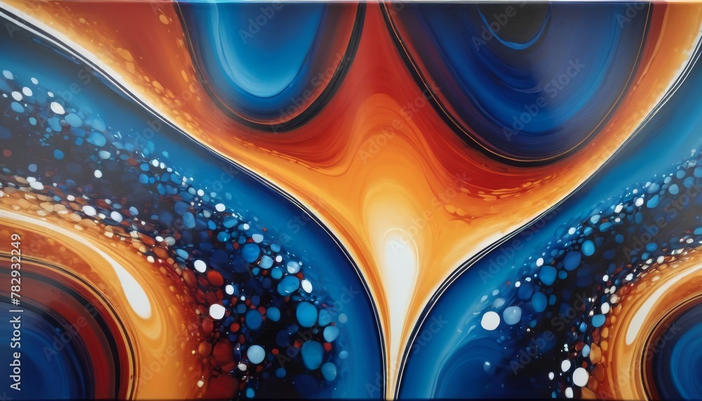 Poster vibrant abstract artwork with fluid shapes and a dynamic blend of orange and blue hues, reminiscent 