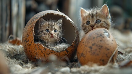 AI generated illustration of two kittens sitting inside an eggshell - obrazy, fototapety, plakaty