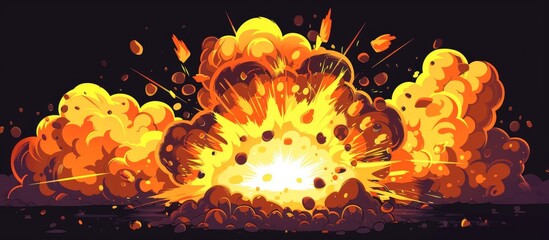 Fiery cartoon explosion with yellow and orange smoke and rocks bursting in a sizzling display against a black backdrop with hot sparks - obrazy, fototapety, plakaty