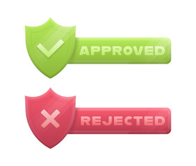Approved and rejected badge in 3d style with check and cross mark on shield and glowing effect. Vector illustration