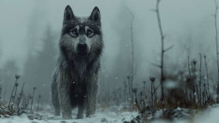 AI generated illustration of a wolf in snowy forest landscape