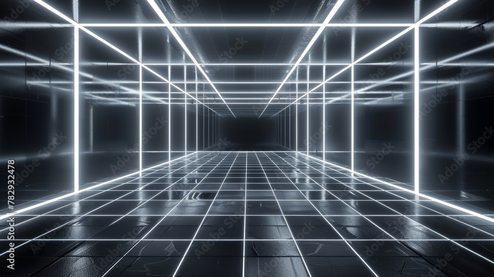 Poster detailed grey-black futuristic digital box room background with white grid space line color surface.
