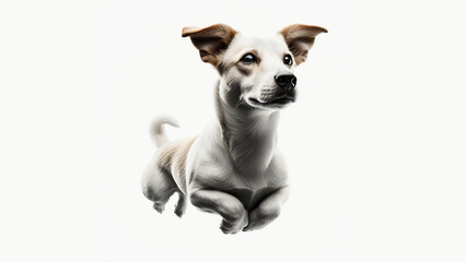 A cute little white dog jumps and floats in the air. on a white background